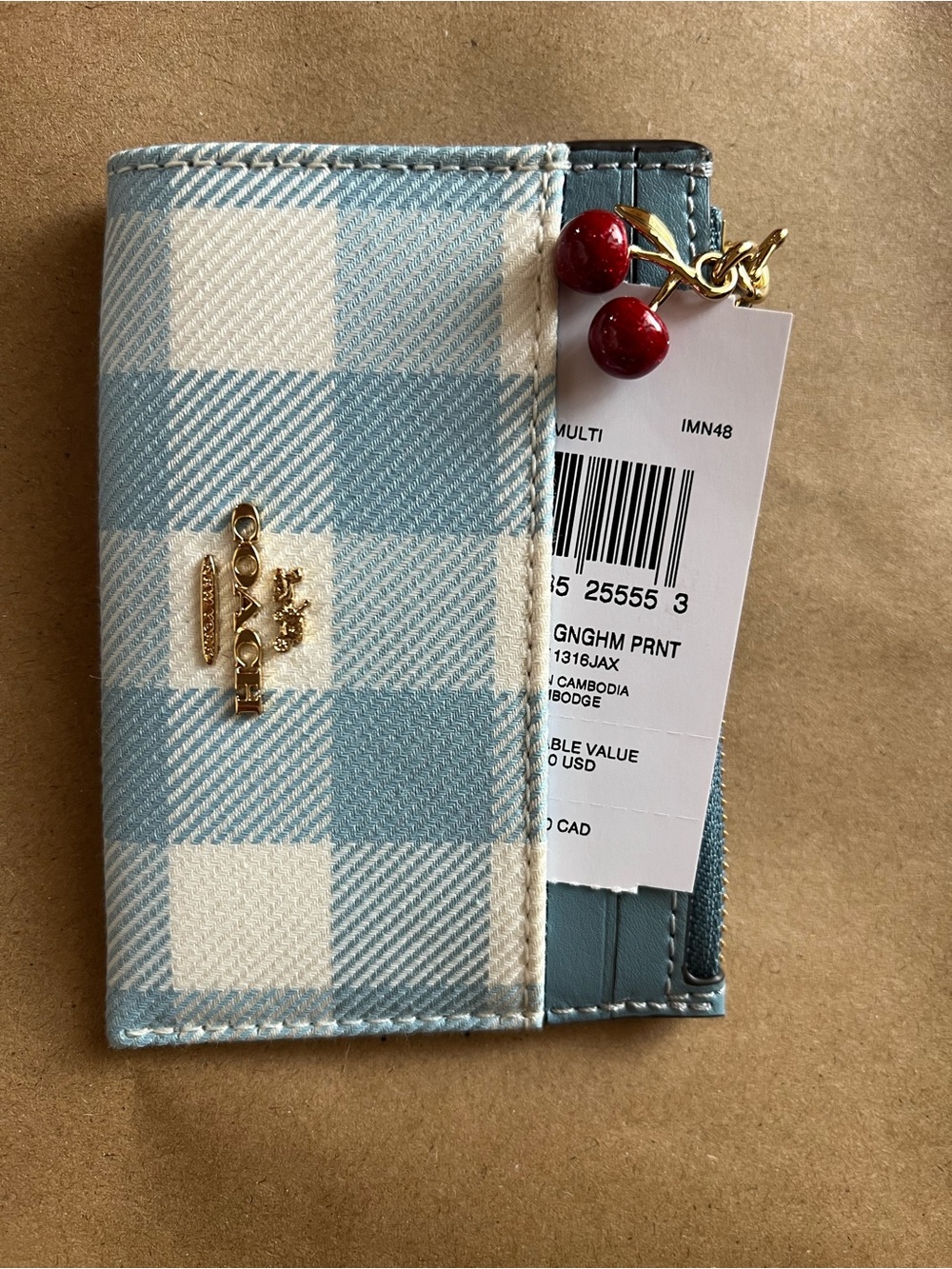 Coach Blue Gingham Card & Cherry Charm Holder